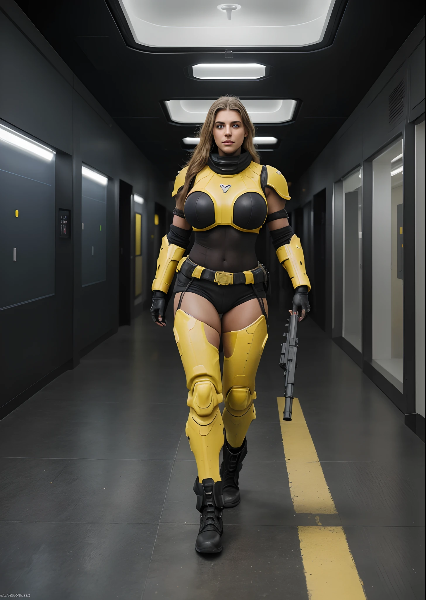 Aufgenommen mit iPhone Kamera BREAK Eine knallharte, muscular 21-year-old woman in matte yellow doom marine armor with big breasts and a gigantic futuristic rifle, walking down the hallway of a futuristic space station, explosionen, action, rennen