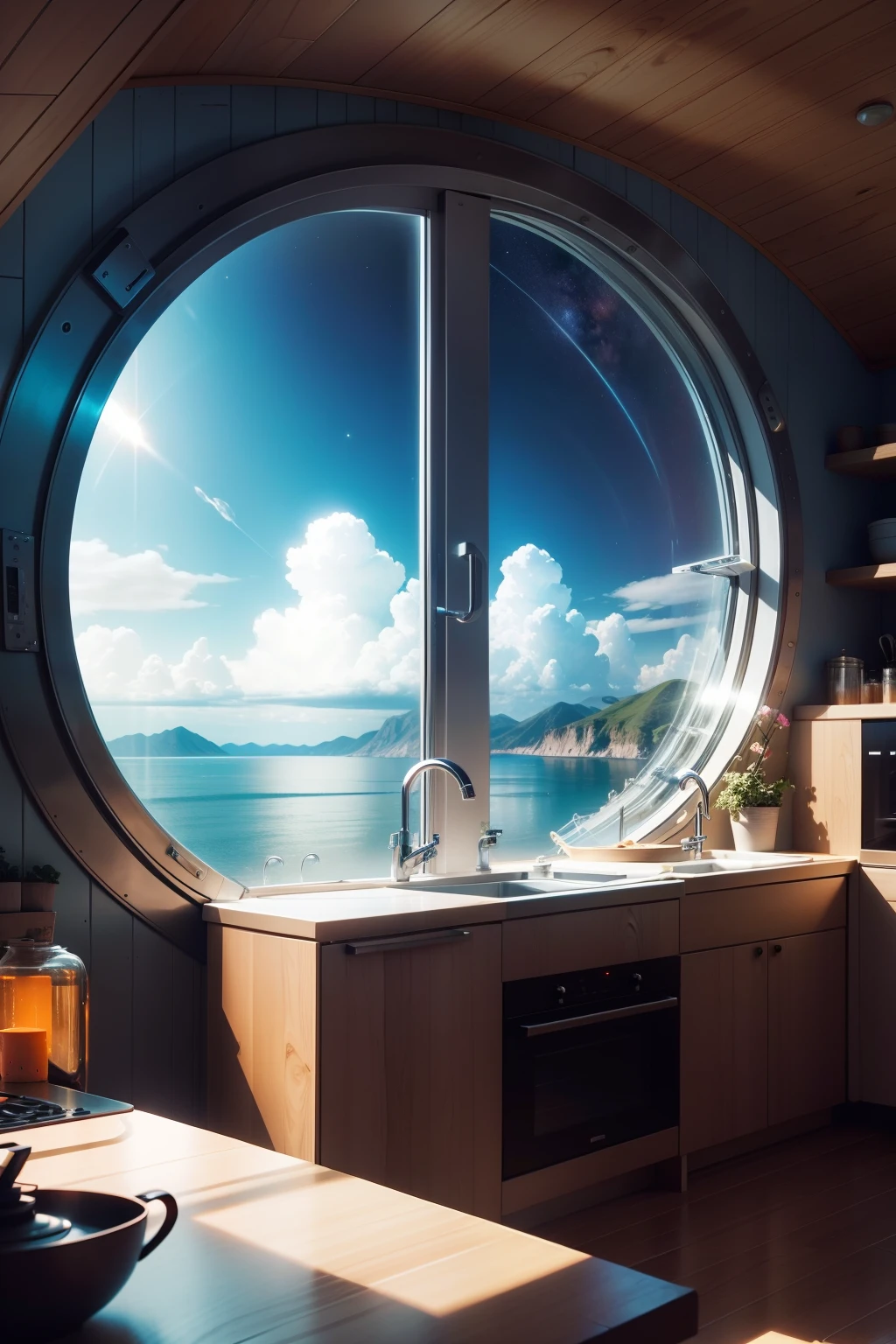 Space dock,Starship moored,Beautiful globe panoramic background,In the daytime,The interior of the cabin is sunny,There are colored light bands,The ambient colors go well together,Lots of space in the kitchen,Lots of cooking equipment set up,There were plenty of kitchen supplies,There are flowers and plants,There is a spiral ladder,Multiple large glass windows,Low-angle surround shooting