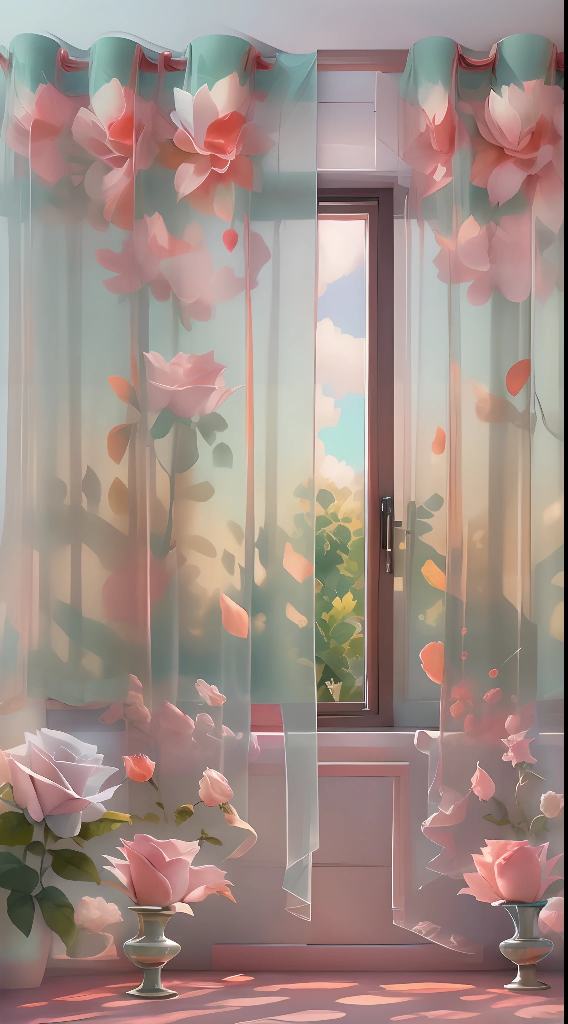Delicate vase with aurora color and luster,Red roses,Tulle curtains,beside the window,The sun shines in,The light from the back window is backlighted,Background blank, Ultra-clear details, high high quality, 8K,tmasterpiece,𝓡𝓸𝓶𝓪𝓷𝓽𝓲𝓬,Beautiful,stunning detailed