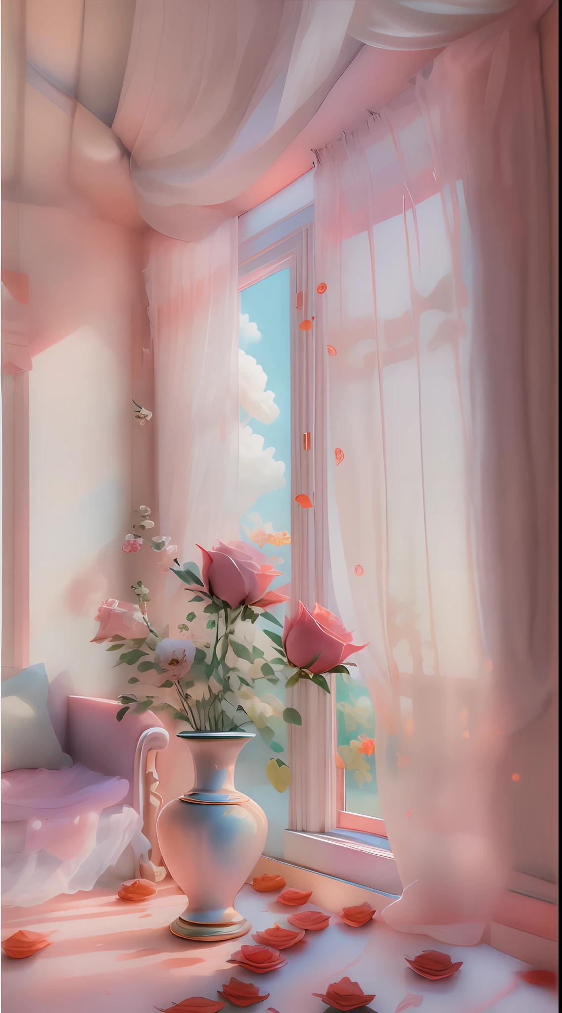 Delicate vase with aurora color and luster,Red roses,Tulle curtains,beside the window,The sun shines in,The light from the back window is backlighted,Background blank, Ultra-clear details, high high quality, 8K,tmasterpiece,𝓡𝓸𝓶𝓪𝓷𝓽𝓲𝓬,Beautiful,stunning detailed