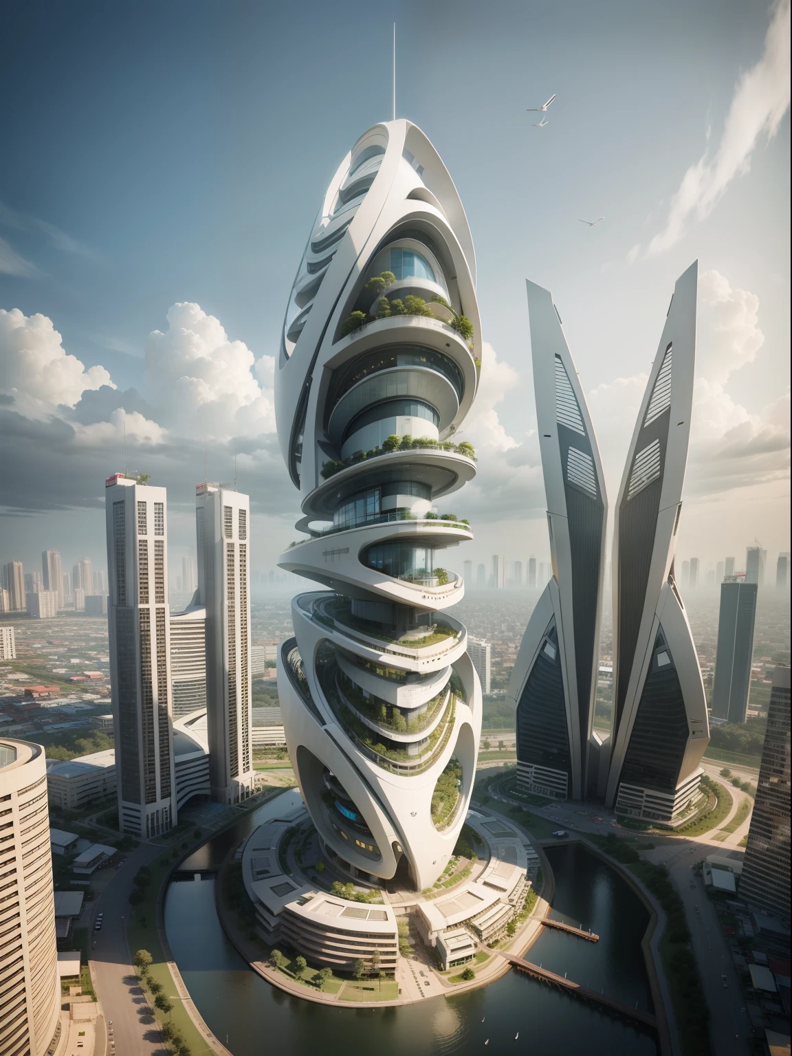 Indonesia City,Focus on a technological building,