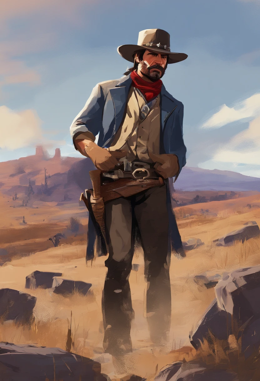 Red Dead Redemption 2 illustration style,Sheriff Curtis Malloy,Wear a Nevada hat,Khaki coat,Blue vest and white shirt,nothing but a mustache