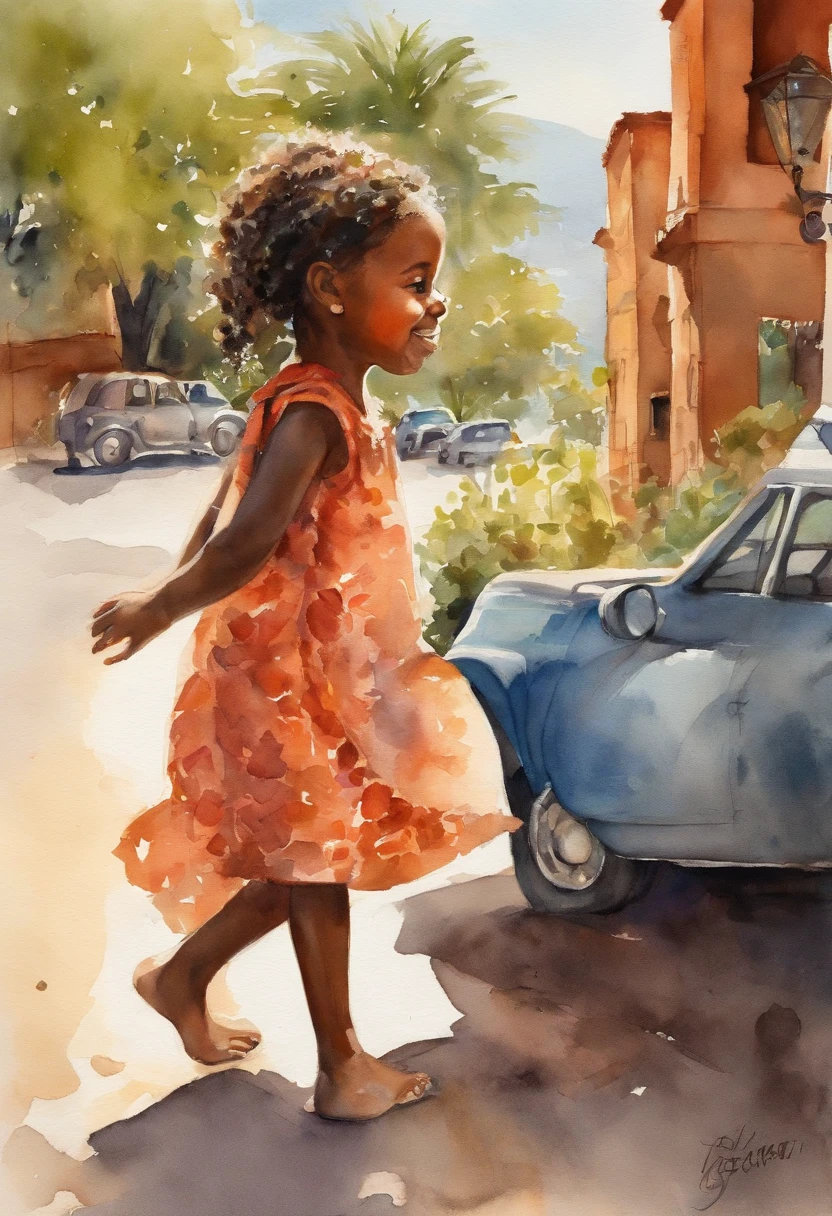 Produce a watercolor illustration of an adorable girl with African ethnicity, playing hide-and-seek barefoot in the periphery. She should be hiding behind a car, her face lit up with excitement and a mischievous smile, while friends search nearby. Capture the vibrant hues of the graffiti-covered car