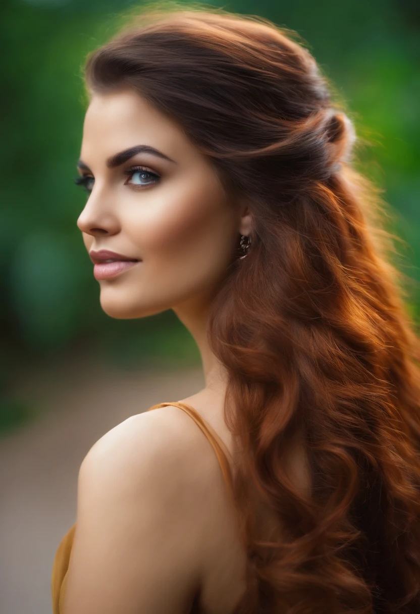 Uma mulher com cabelos longos e lisos, penteando-os com uma escova de cerdas naturais