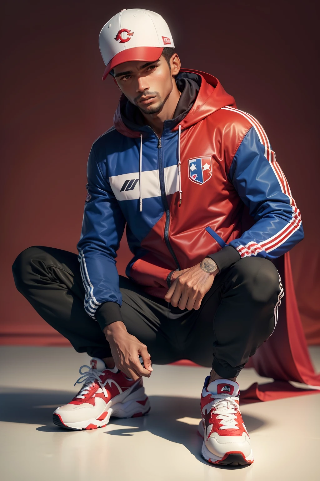 -Men's sportswear includes coat and sneakers and cap with the colors of the red Cape Verde flag, amarelo, branco, according to brand logos, cv , pintado com ,10 stars in the center