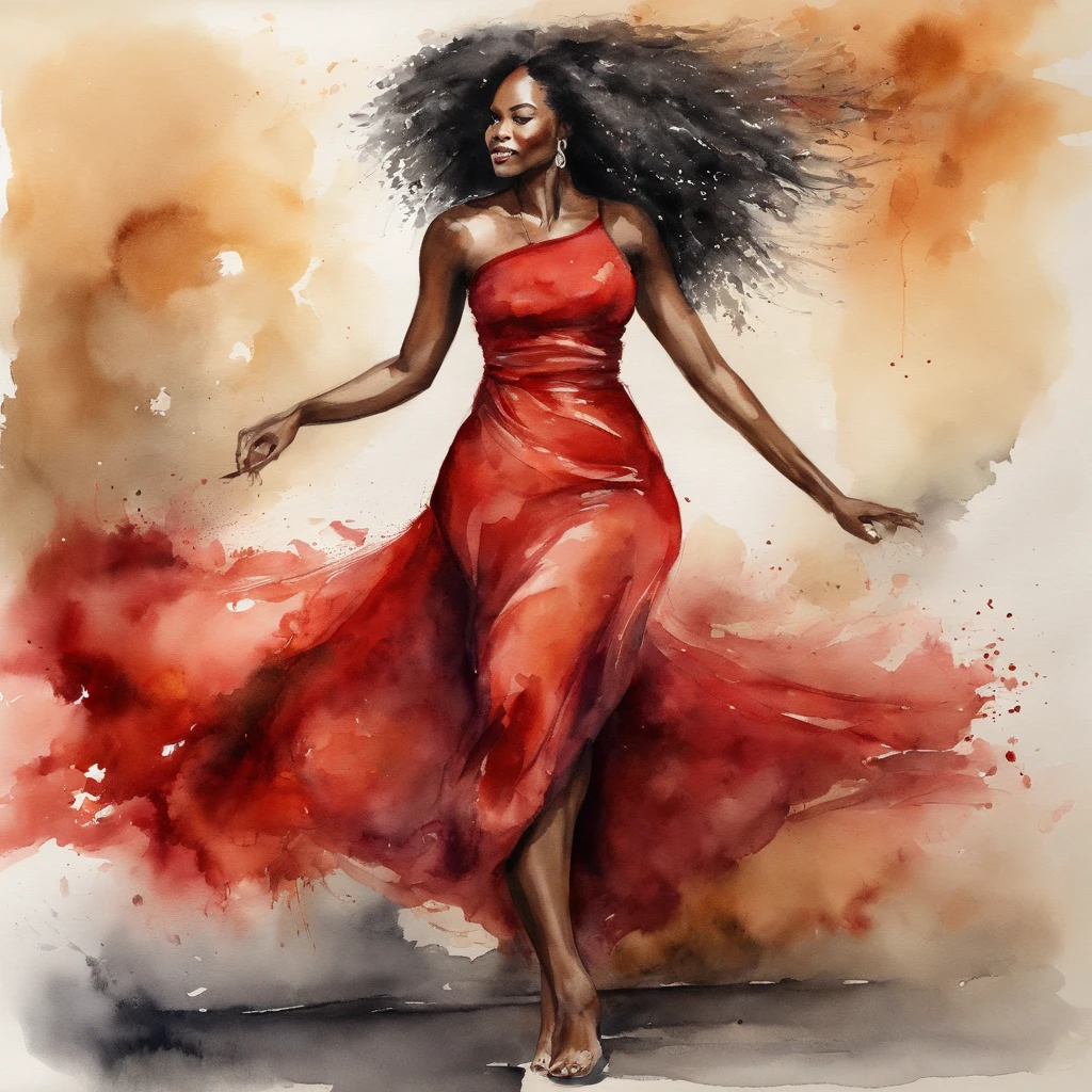 Black woman dancing with long cabelo liso vestindo uma saia branca longa rodada e uma regata vermelha