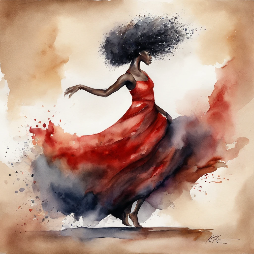 Black woman dancing with long cabelo liso vestindo uma saia branca longa rodada e uma regata vermelha