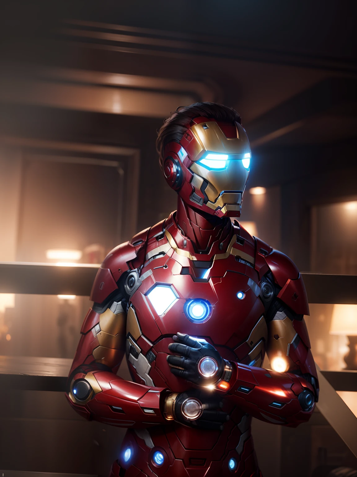 My body has iron man,just realistic face,Background all of this change like other planet,top-quality、8K、profetional lighting、Detailed shading