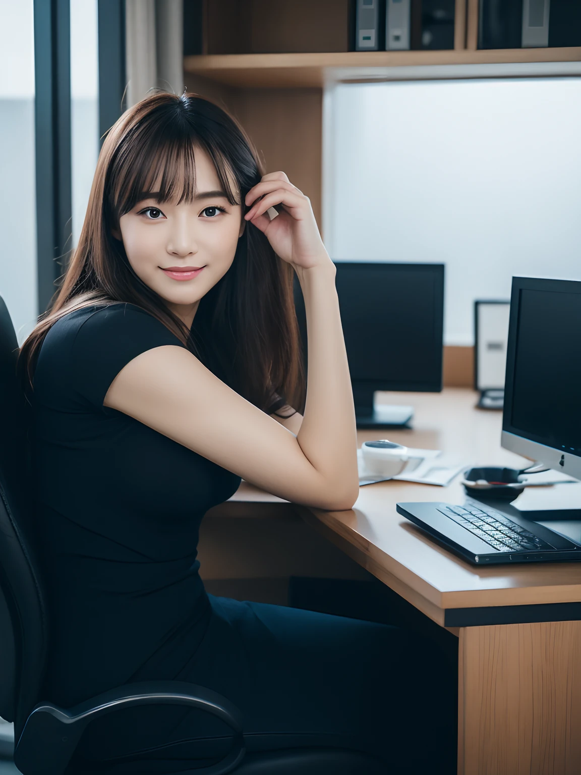(girl with: 1.6), (lola:RussianDoll:0.4), (lola:TaiwanDoll:0.4), (Best Quality, 8K, masutepiece: 1.3), Focus 1.2, Perfect Body Beauty: 1.4, Highly detailed face and skin texture, Delicate eyes, Double eyelids, Whitened skin, long hair split edges, (Round face: 1.4), gaze at the audience, Leaking teeth and smiling, Sit next to the audience, window, (Full body: 1.1), Secretary, assistant, Black business suit, (Standing), (high-heels), Tight skirt, Sitting in office in skyscraper using computer, a computer, printer, desk work, Office Chair, document, folder, a computer, Note PC, mobile phone, teacup