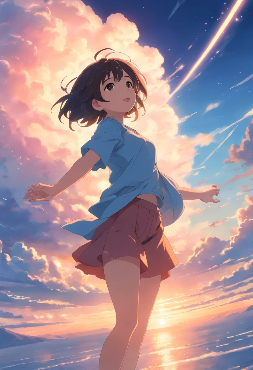 masterpiece, best quality, movie still, 1girl, cloud girl, floating in the sky, close-up, bright, happy, warm soft lighting, sunset, (sparks:0.7)