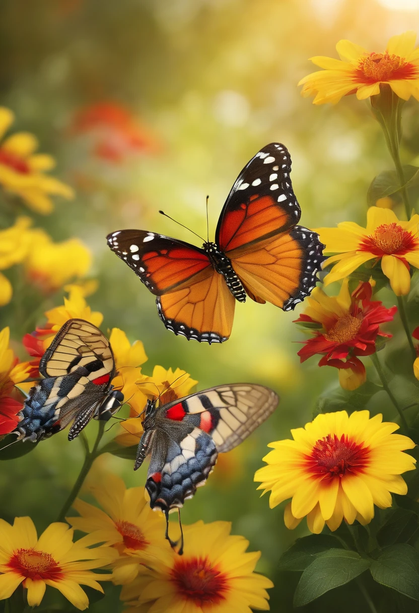 BUTTERFLIES IN A SUNNY GARDEN WITH LOTS OF YELLOW AND RED FLOWERS,