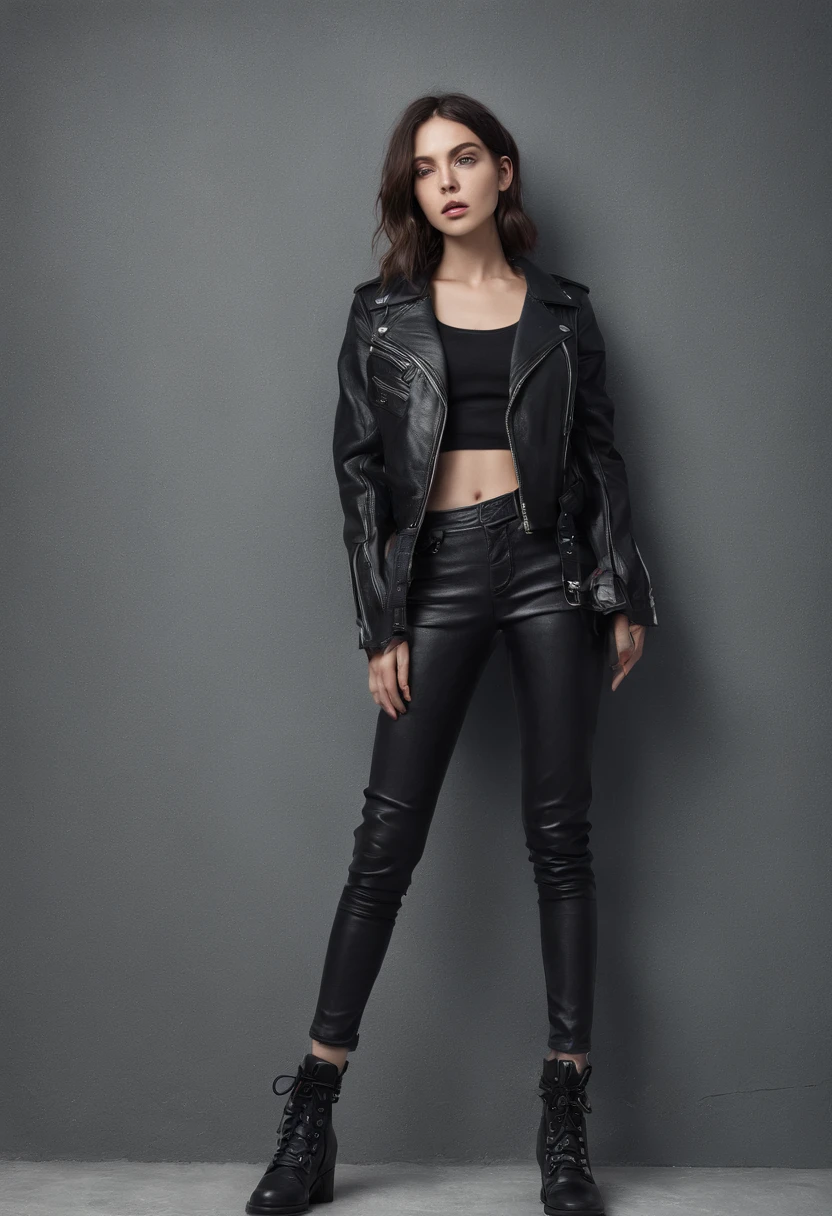 low-key photography, portrait woman, wearing Leather jacket, ripped skinny jeans, combat boots, art photography, analogue tone, epic composition, epic proportion, masterpiece, award-winning, HD, masterpiece,