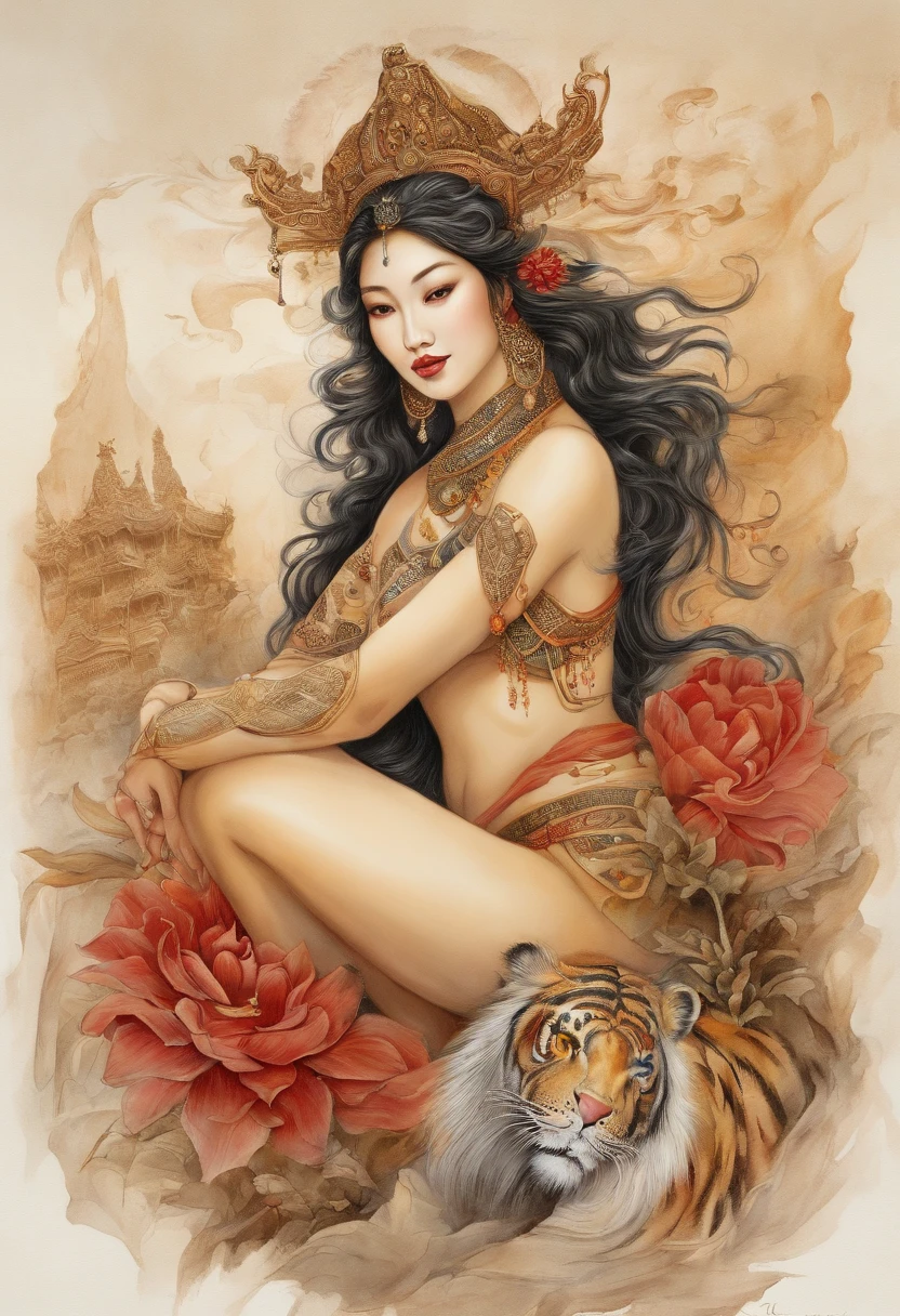 an ancient naked Chinese goddess, naked guanyin of the southern seas,naked Guanyin, Inspired by India, Avalokiteshvara rides a big tiger,,Serene expression,shui mo hua,naked Buddha,Buddhist,Lotus,Chinese painting style,Thangka style, nsfw, red pubic hair {{age naked female, caucasian, hundreds of naked girls, many naked girls, crowd shot}}, looking at viewer, hazel eyes, extremely detailed, crowd of naked girls, happy, best quality(Full body photo),Show shoes,A high resolution,ultra - detailed),revealing breasts,Bare genitalia, Lower body elevation,Raised sexy,Flushed complexion,golden armor,frontage,full bodyesbian, (nsfw:1.5), big tiger