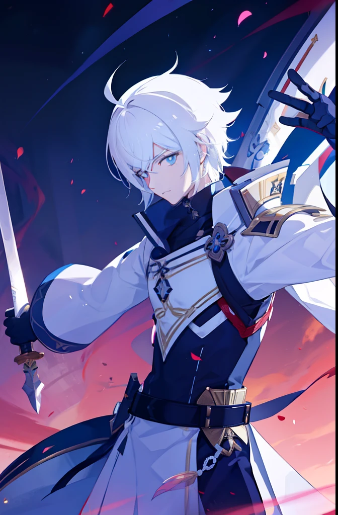 A white hair boy with a sword and a robot right arm set in a genshin impact world