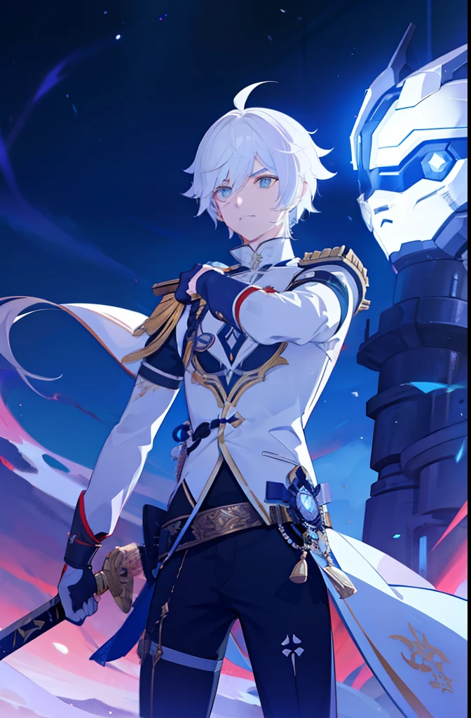 A white hair boy with a sword and a robot right arm set in a genshin impact world