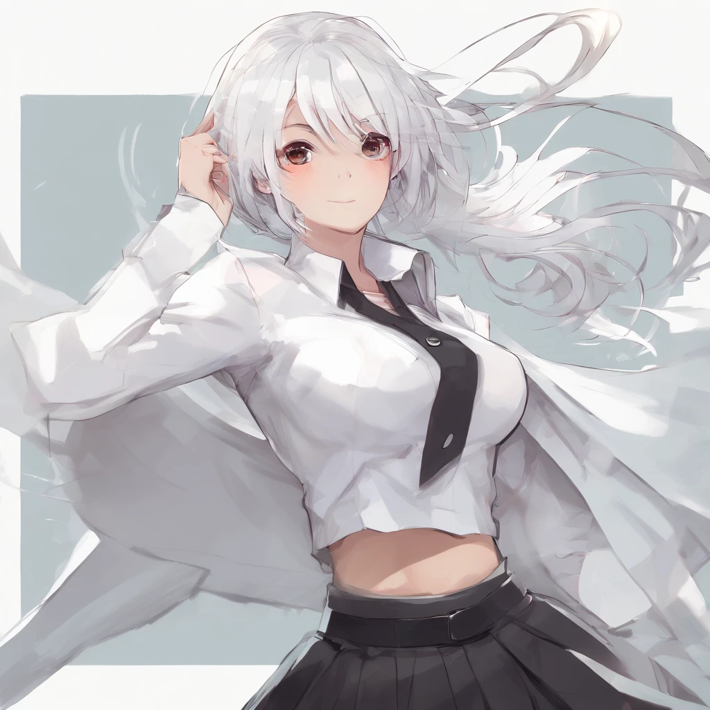 ((masterpiece, best quality)), (1girl), (solo), (female focus), (ahoge, white hair, short hair), black eyes, light smile, open mouth, ((white shirt), (buttoned shirt), (button gap)), ((black skirt), (short skirt)), standing, white background, arms behind back, dynamic angle