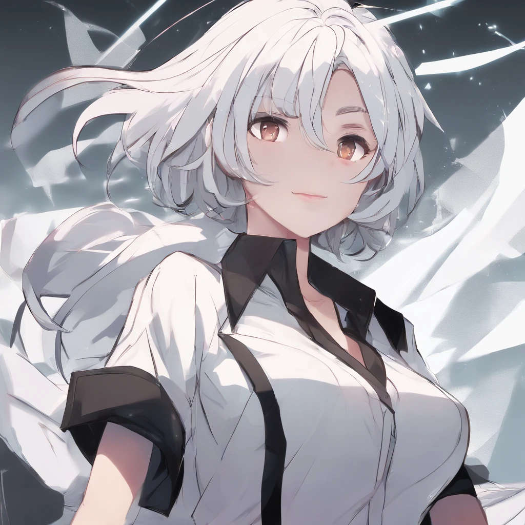 ((masterpiece, best quality)), (1girl), (solo), (female focus), (ahoge, white hair, short hair), black eyes, light smile, open mouth, ((white shirt), (buttoned shirt), (button gap)), ((black skirt), (short skirt)), standing, white background, arms behind back, dynamic angle