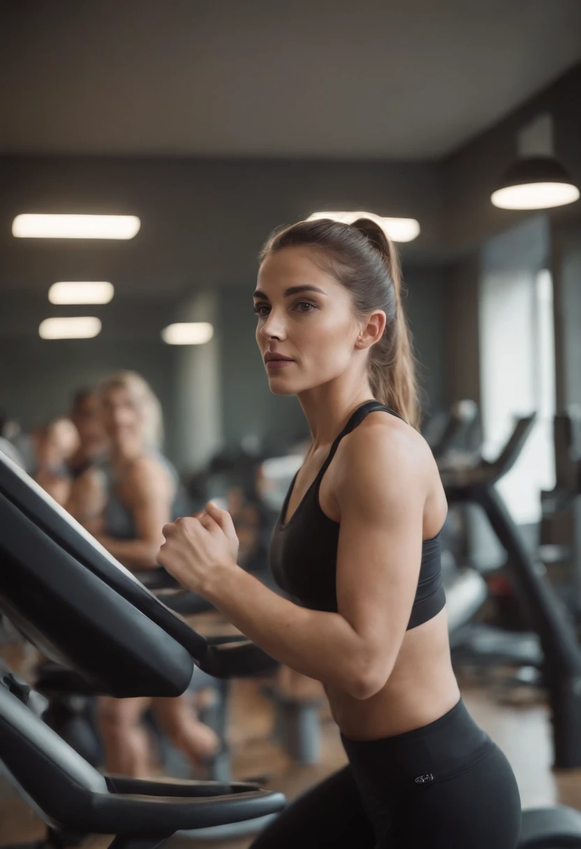 Descreva uma academia movimentada, with people practicing varied exercises and instructors guiding students on different machines and equipment. Foque nos detalhes dos aparelhos, the intensity of the exercises and the energy present in the environment