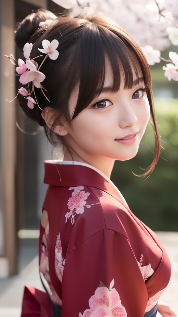 ​masterpiece、top-quality、in 8K、Raw photo、(Photorealsitic: 1.4)、ultra-detailliert、hight resolution、finely detail、natural soft light、Full body、独奏、(1girl in:1.4 )、Brown hair:1.4、Bun、kanzashi、(real looking skin:1.2)、beautiful a girl、Beautiful figure、extremely detailed eye and face、Ultra-detailed and beautiful eyes、a smile:1.4、Black eyes、Red kimono with cherry blossom pattern、blurry backround、nighttime scene