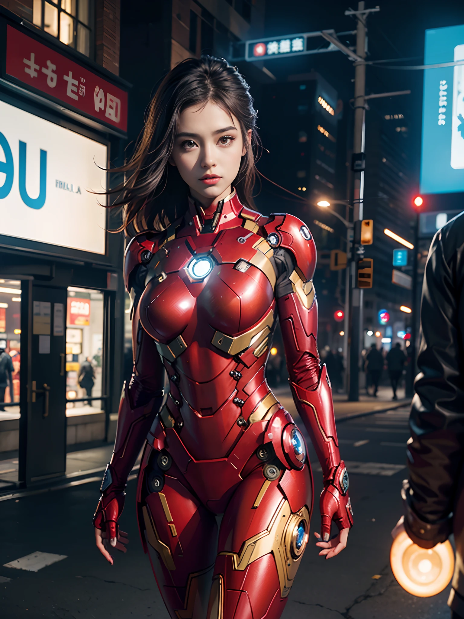 8k, realistic, attractive, highly detailed, a 20 year old girl a sexy and attractive woman inspired by Iron Man wearing a shiny Iron Man mech. She dresses with sensuality and confidence, perfectly interpreting Iron Man&#39;s strength and charisma. The abandoned warehouse serves as a backdrop, creating a unique atmosphere that highlights her bravery and perseverance. The tall buildings and buildings on the street exude the unique charm of cyberpunk, and the neon light outlines the outline of the city, which sets off the powerful strength and personality charm of Iron Man. This high-definition, high-quality picture will bring you stunning visual enjoyment, a perfect combination of sexy, futuristic and sci-fi elements. oc rendering, dramatic lighting, award winning quality