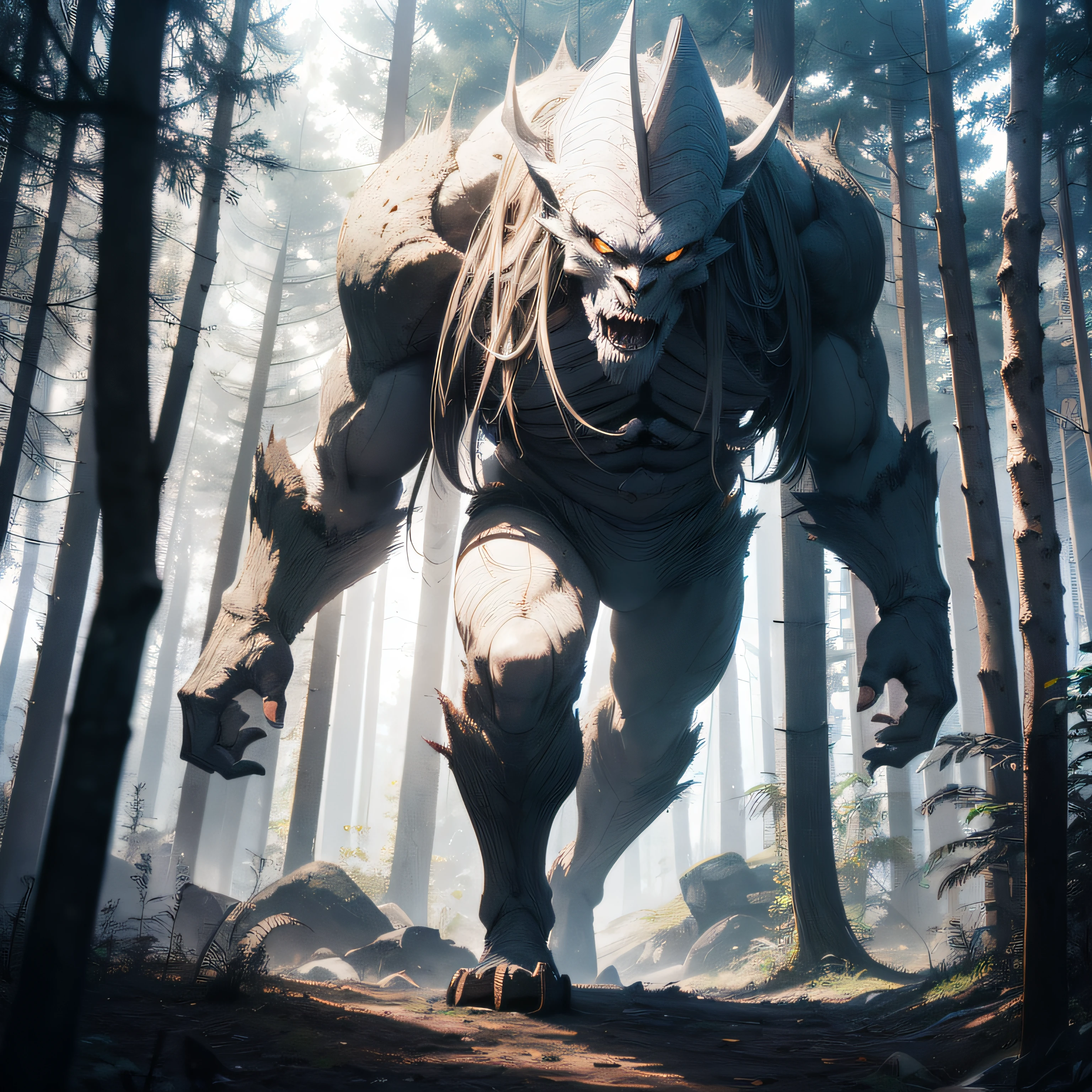 White humanoid monster standing in dimly lit forest。 A Japanese style、a picture、realisitic、fulcolor、high quality, realistic、photo realistic、RAW photo、photography, hyper detailed、intricate detailed、amazing shading、high contrast