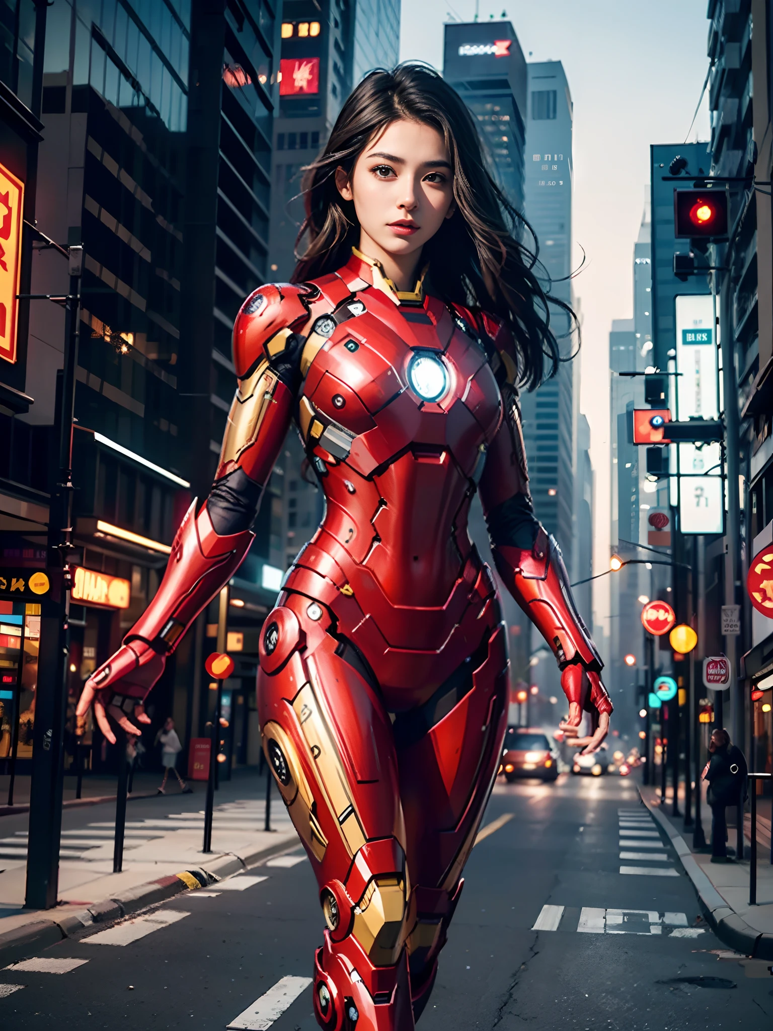 8k, realistic, attractive, highly detailed, a 20 year old girl a sexy and attractive woman inspired by Iron Man wearing a shiny Iron Man mech. She dresses with sensuality and confidence, perfectly interpreting Iron Man&#39;s strength and charisma. The abandoned warehouse serves as a backdrop, creating a unique atmosphere that highlights her bravery and perseverance. The tall buildings and buildings on the street exude the unique charm of cyberpunk, and the neon light outlines the outline of the city, which sets off the powerful strength and personality charm of Iron Man. This high-definition, high-quality picture will bring you stunning visual enjoyment, a perfect combination of sexy, futuristic and sci-fi elements. oc rendering, dramatic lighting, award winning quality