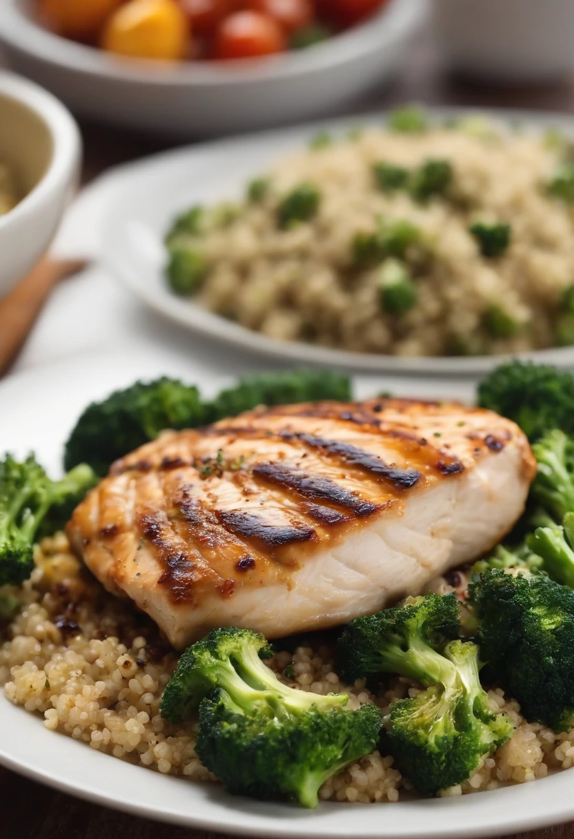 Create an image of a grilled chicken dish with quinoa and broccoli. Highlight the vibrant colors of the food and the appetizing presentation of the dish.