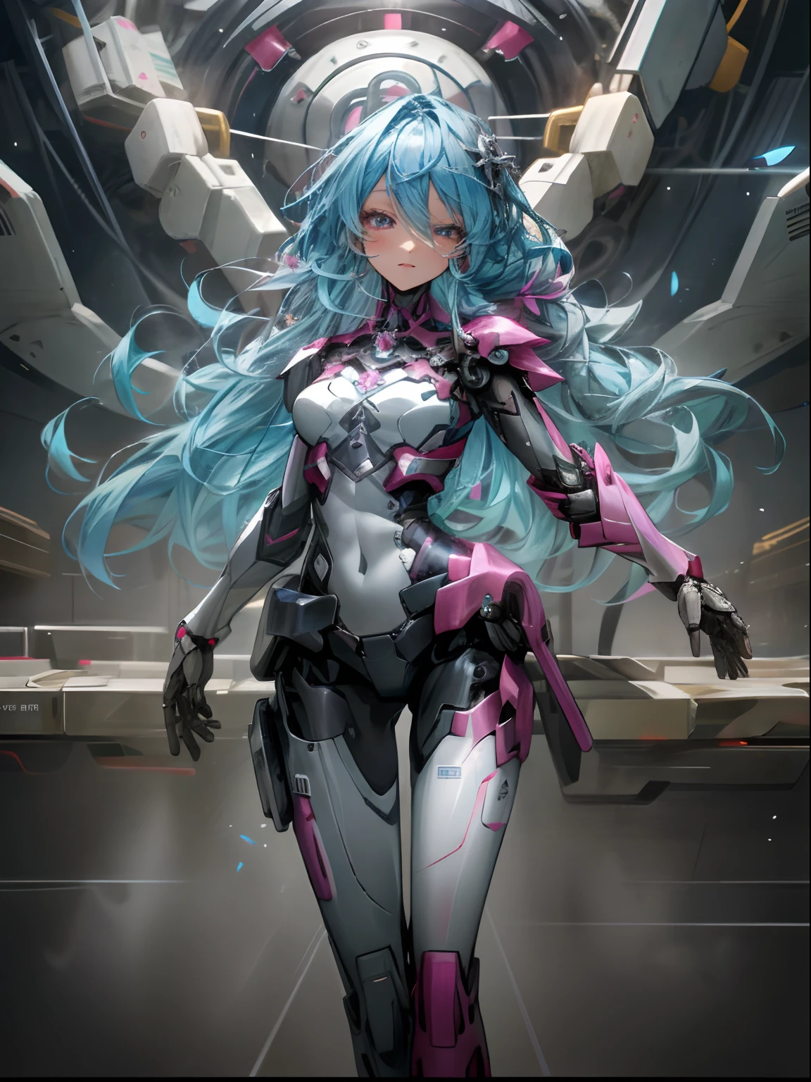 (Masterpiece, Highest quality: 1.3), (16k, high resolution: 1.3), Beautiful age girl, (blue flowing hair), flowers on head, pink armor, Mechanical body, Transparent skin, Cinematic light, with light glowing, Very cute and beautiful Korean woman idol, full bodyesbian, staring at the audience, Firm and dignified eyes, gorgeous, goddess, sakimichan, beautiful face, beautiful mouth