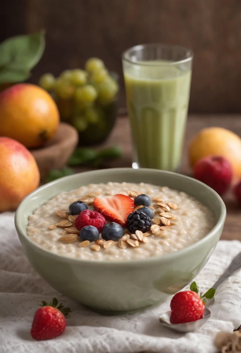 Illustrate a healthy breakfast with oatmeal, frutas frescas e um copo de suco verde. Mostre a textura cremosa da aveia e a variedade de frutas usadas