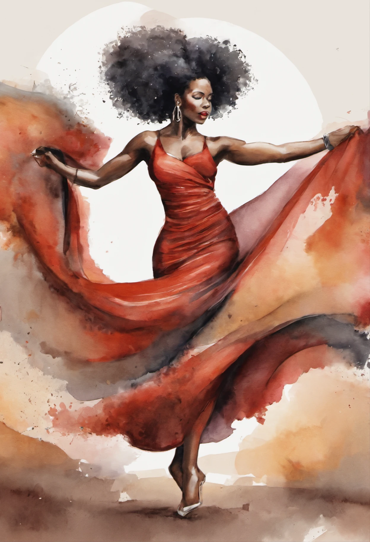 Black woman dancing with long, cabelo ondulado vestindo uma saia branca longa rodada e uma regata vermelha