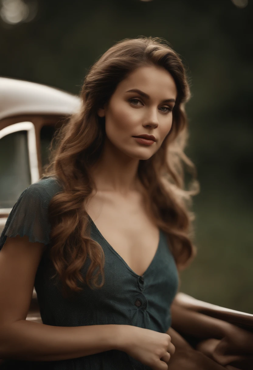 Embark on a nostalgic journey with a captivating portrait of a woman who epitomizes classic beauty against an outdoor backdrop. Her vintage tank top, reminiscent of a simpler era, is bathed in the warm analog tones of Kodak film. As her skin's super-detailed texture is delicately unveiled, the grain, light leaks, and artistic flares dance around her, encapsulating the nostalgia of yesteryears. This image offers a glimpse into the enduring appeal of classic aesthetics, captured in the rich tapestry of Kodak-inspired dreams.