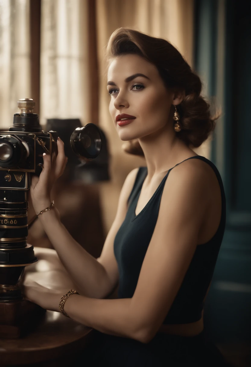 Embark on a nostalgic journey with a captivating portrait of a woman who epitomizes classic beauty against an outdoor backdrop. Her vintage tank top, reminiscent of a simpler era, is bathed in the warm analog tones of Kodak film. As her skin's super-detailed texture is delicately unveiled, the grain, light leaks, and artistic flares dance around her, encapsulating the nostalgia of yesteryears. This image offers a glimpse into the enduring appeal of classic aesthetics, captured in the rich tapestry of Kodak-inspired dreams.