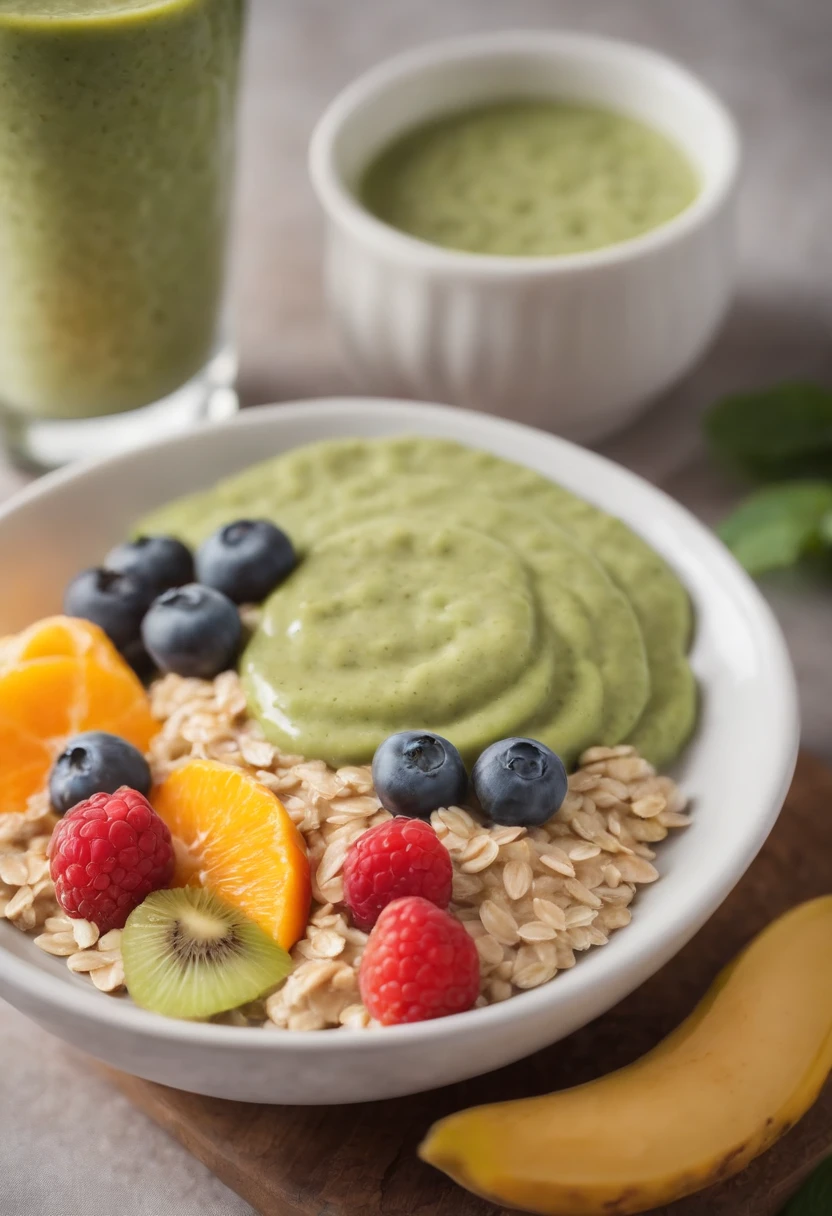 Illustrate a healthy breakfast with oatmeal, fresh fruit and a glass of green smoothie. Show the creamy texture of oats and the variety of fruits used