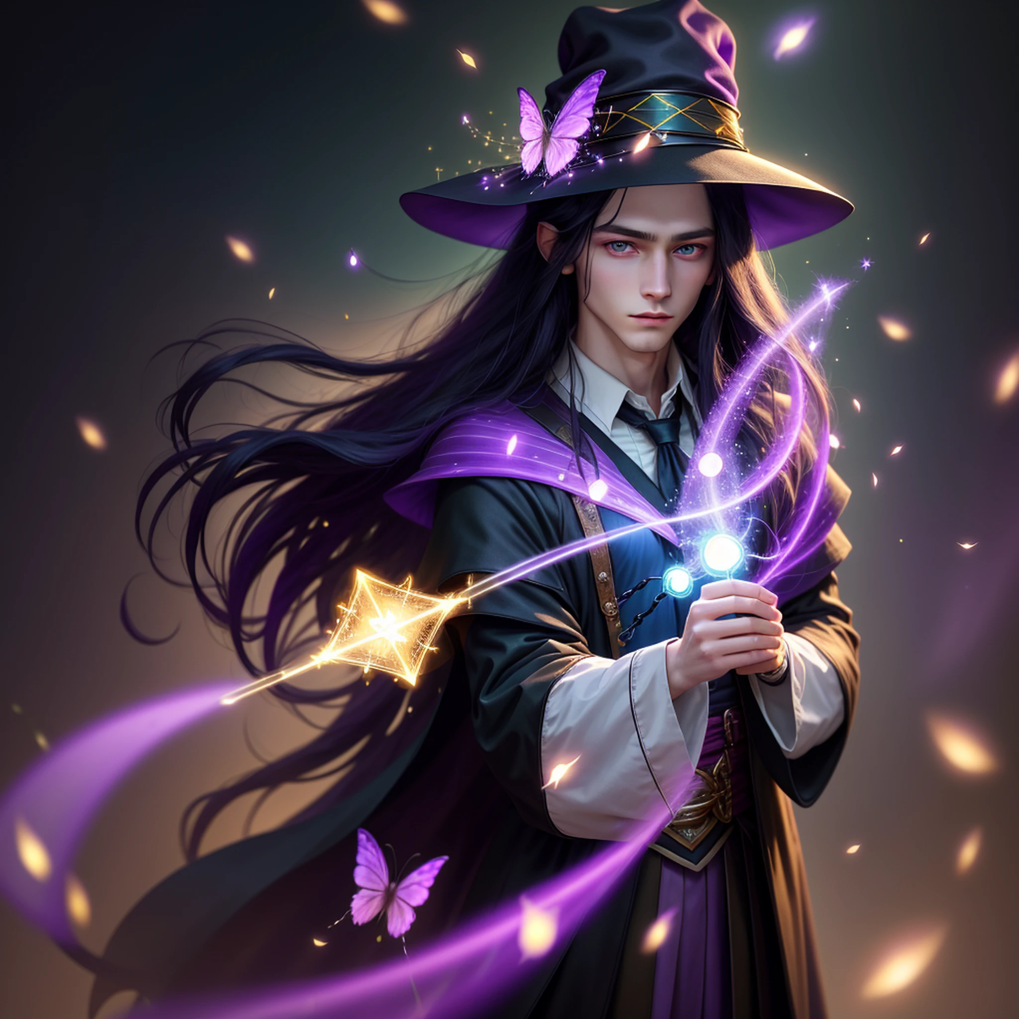 best quality,hd,wallpaper,man,20 years,pale skin,long black hair,purple wizard hat,purple wizard dress,holding lilac magic wand,green eyes,(a background of magic and mystery, fireflies, bright particles, ethereal mist and a touch of darkness)