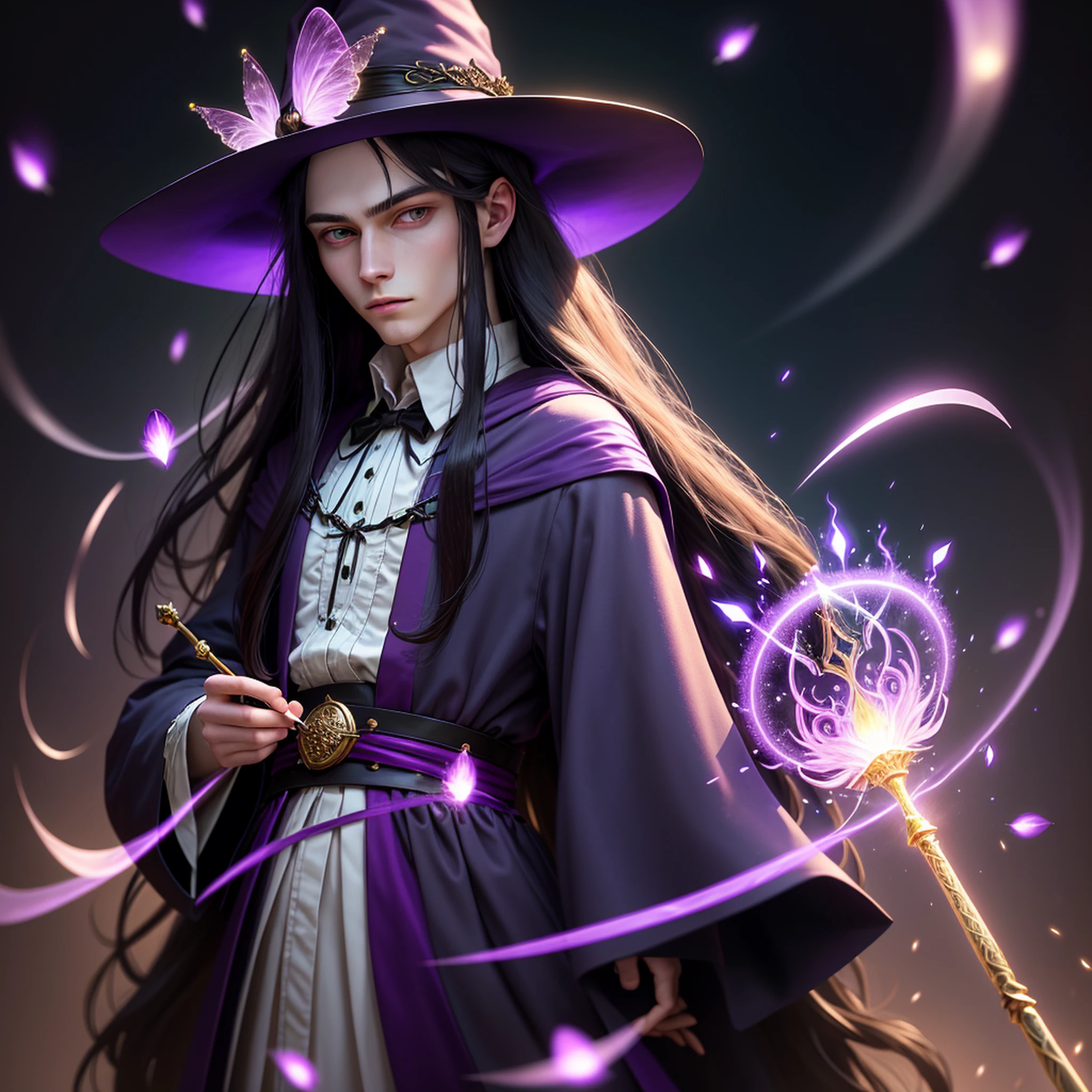 best quality,hd,wallpaper,man,20 years,pale skin,long black hair,purple wizard hat,purple wizard dress,holding lilac magic wand,green eyes,(a background of magic and mystery, fireflies, bright particles, ethereal mist and a touch of darkness)