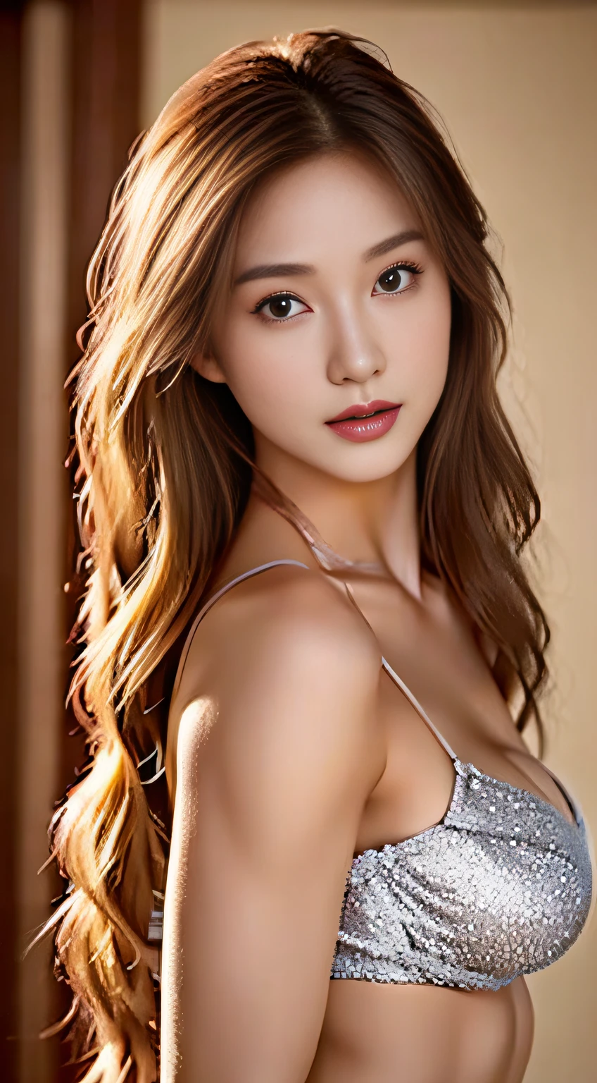 (Photoreal Stick:1.5, masutepiece:1.5, 8K, RAW shooting), (top-quality, masterpiece, 超A high resolution), Mystical portrait, Perfect dynamic composition, Professional camera work, Highly detailed skin and facial texture:1.3, Grow Light Effect, The ultra-detailliert, 1girl in, (On the rooftop, Intense sunlight:1.3, Sunlight pouring down from above:1.3, Strong sunlight spreads across the screen:1.3), (thin satin v-neck dress), (Shoot with blur:1.4, fog the lens:1.4), Model body type, beautiful and clear face, (Eyes that feel beautiful eros:0.9, Enraptured look:1.0, i love you completely:0.8, slightly open mouth, A mouthfeel that feels beautiful eros:0.7), (Dark brown medium hair, the hair flutters with the wind), the chest is medium, a necklace), (leaning, Sit up), ((seductiv))