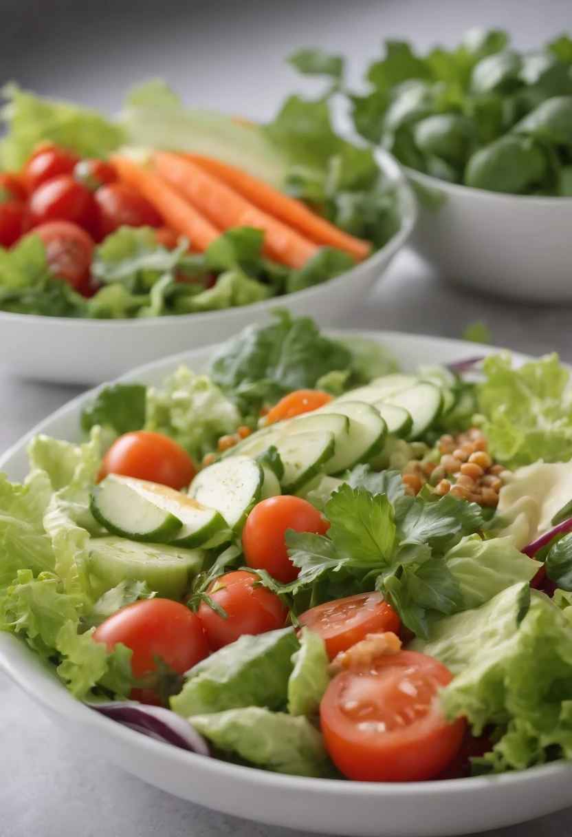Design a colorful salad bowl with various fresh vegetables such as lettuce, tomatoes, cucumbers and carrots. Add a light sauce and some grains to complete the meal.