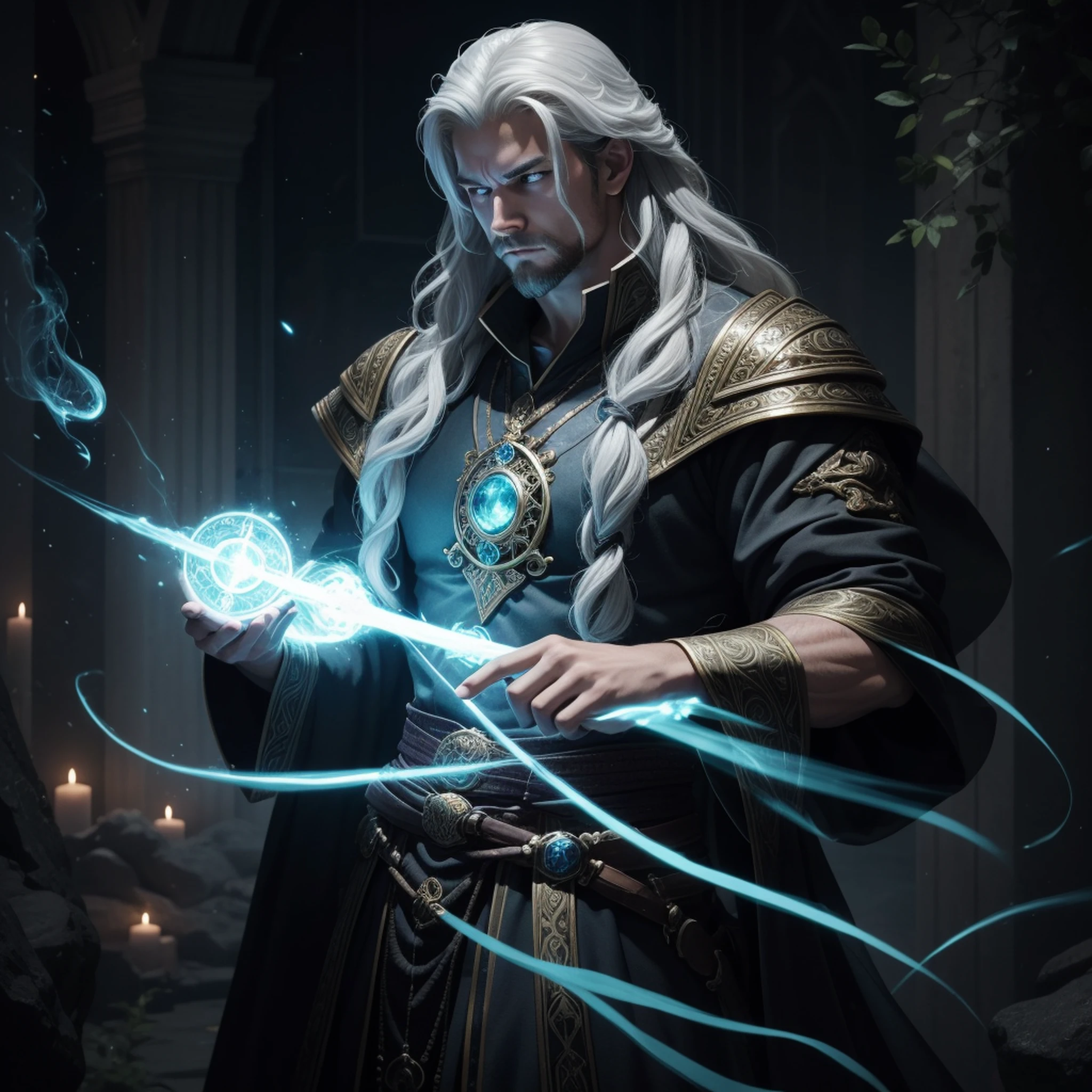 (masterpiece:1.2), (best quality:1.2) Magnus, the Arcane Sorcerer, is depicted in a drawing with an air of wisdom and mystery. His appearance is marked by distinctive traits and magical elements that underscore his nature as a powerful manipulator of magic. Magnus possesses a medium-tall stature and a lean build, reflecting his intellectual and concentrated nature. Her hair is long and white, cascading down to her shoulders, giving her an air of wisdom and experience. His beard, also white and well groomed, adds a touch of authority and maturity to his figure. His eyes, deeply enigmatic, are a piercing shade of blue, denoting his vast knowledge and arcane power. They glow with an intense glow, revealing the depth of their connection to the mystical secrets of Alantia. Dressed in long, flowing robes, Magnus conveys an air of magic and mysticism. The robes are decorated with arcane symbols and ancient runes, which represent the magical elements and energies he commands. The fabric flows around it, creating an effect of movement and dynamism, as if it were constantly wrapped in an aura of power. Magnus holds a magnificent staff, adorned with inlaid gems and intricate carvings. The staff emanates a soft glow, indicating his mastery over the magical energies. He is an extension of his will, amplifying and channeling his spells with precision. Magnus' posture is upright and confident, conveying his confidence in his powers and his ability to face any magical challenge that may arise. His face is usually serious, demonstrating concentration and determination as he manipulates the forces of the occult. The setting around Magnus can vary depending on the context of the drawing. It can be a mystical laboratory, full of ancient jars and scrolls, or a magical environment with fantastic elements such as floating crystals or ethereal mist.