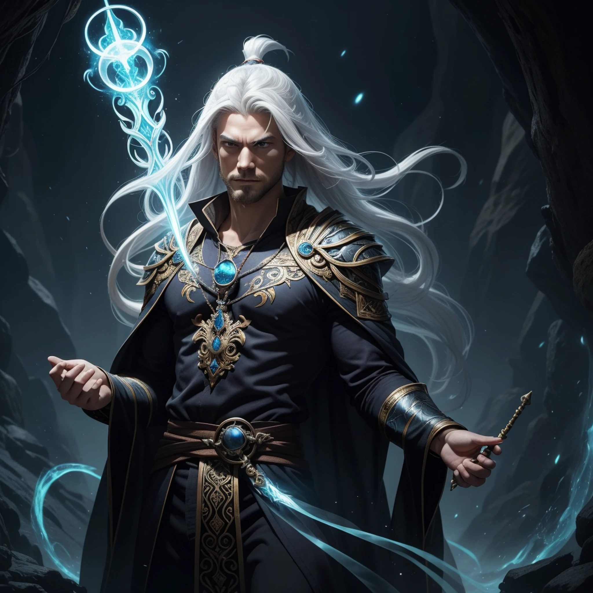 (masterpiece:1.2), (best quality:1.2) Magnus, the Arcane Sorcerer, is depicted in a drawing with an air of wisdom and mystery. His appearance is marked by distinctive traits and magical elements that underscore his nature as a powerful manipulator of magic. Magnus possesses a medium-tall stature and a lean build, reflecting his intellectual and concentrated nature. Her hair is long and white, cascading down to her shoulders, giving her an air of wisdom and experience. His beard, also white and well groomed, adds a touch of authority and maturity to his figure. His eyes, deeply enigmatic, are a piercing shade of blue, denoting his vast knowledge and arcane power. They glow with an intense glow, revealing the depth of their connection to the mystical secrets of Alantia. Dressed in long, flowing robes, Magnus conveys an air of magic and mysticism. The robes are decorated with arcane symbols and ancient runes, which represent the magical elements and energies he commands. The fabric flows around it, creating an effect of movement and dynamism, as if it were constantly wrapped in an aura of power. Magnus holds a magnificent staff, adorned with inlaid gems and intricate carvings. The staff emanates a soft glow, indicating his mastery over the magical energies. He is an extension of his will, amplifying and channeling his spells with precision. Magnus' posture is upright and confident, conveying his confidence in his powers and his ability to face any magical challenge that may arise. His face is usually serious, demonstrating concentration and determination as he manipulates the forces of the occult. The setting around Magnus can vary depending on the context of the drawing. It can be a mystical laboratory, full of ancient jars and scrolls, or a magical environment with fantastic elements such as floating crystals or ethereal mist.