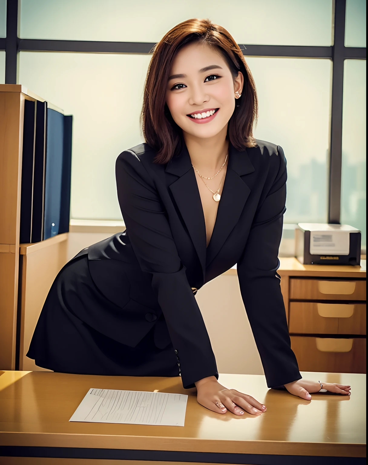 close up of 1 female, 35mm masterpiece, black suit, smile, mini skirt, on the desk in office