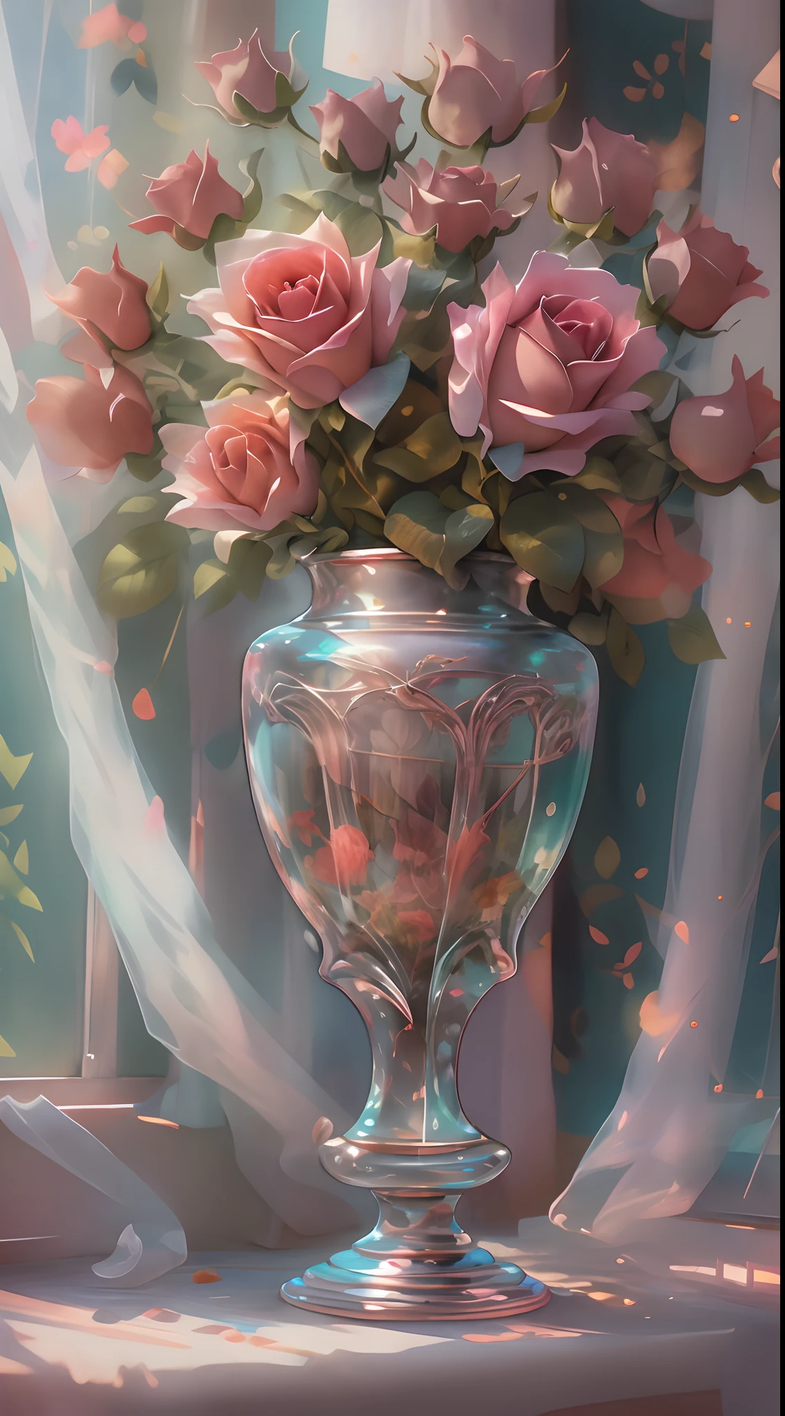 Delicate vase with aurora color and luster,Red roses,Tulle curtains,beside the window,The sun shines in,The light from the back window is backlighted,Background blank, Ultra-clear details, high high quality, 8K,tmasterpiece,𝓡𝓸𝓶𝓪𝓷𝓽𝓲𝓬,Beautiful,stunning detailed