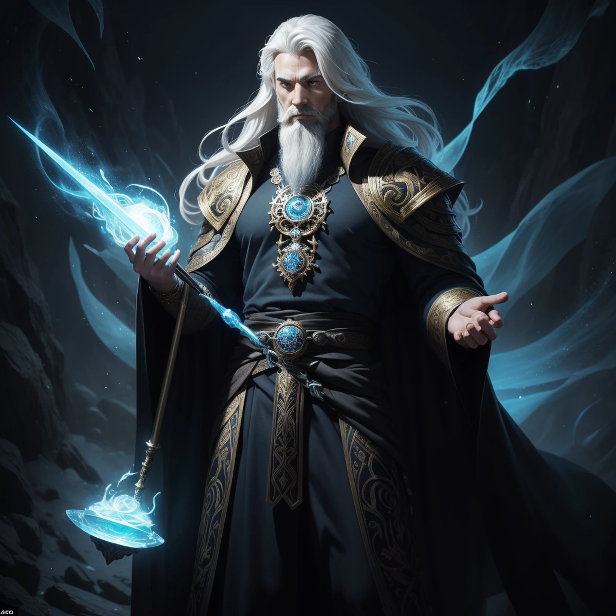 (masterpiece:1.2), (best quality:1.2) Magnus, the Arcane Sorcerer, is depicted in a drawing with an air of wisdom and mystery. His appearance is marked by distinctive traits and magical elements that underscore his nature as a powerful manipulator of magic. Magnus possesses a medium-tall stature and a lean build, reflecting his intellectual and concentrated nature. Her hair is long and white, cascading down to her shoulders, giving her an air of wisdom and experience. His beard, also white and well groomed, adds a touch of authority and maturity to his figure. His eyes, deeply enigmatic, are a piercing shade of blue, denoting his vast knowledge and arcane power. They glow with an intense glow, revealing the depth of their connection to the mystical secrets of Alantia. Dressed in long, flowing robes, Magnus conveys an air of magic and mysticism. The robes are decorated with arcane symbols and ancient runes, which represent the magical elements and energies he commands. The fabric flows around it, creating an effect of movement and dynamism, as if it were constantly wrapped in an aura of power. Magnus holds a magnificent staff, adorned with inlaid gems and intricate carvings. The staff emanates a soft glow, indicating his mastery over the magical energies. He is an extension of his will, amplifying and channeling his spells with precision. Magnus' posture is upright and confident, conveying his confidence in his powers and his ability to face any magical challenge that may arise. His face is usually serious, demonstrating concentration and determination as he manipulates the forces of the occult. The setting around Magnus can vary depending on the context of the drawing. It can be a mystical laboratory, full of ancient jars and scrolls, or a magical environment with fantastic elements such as floating crystals or ethereal mist.