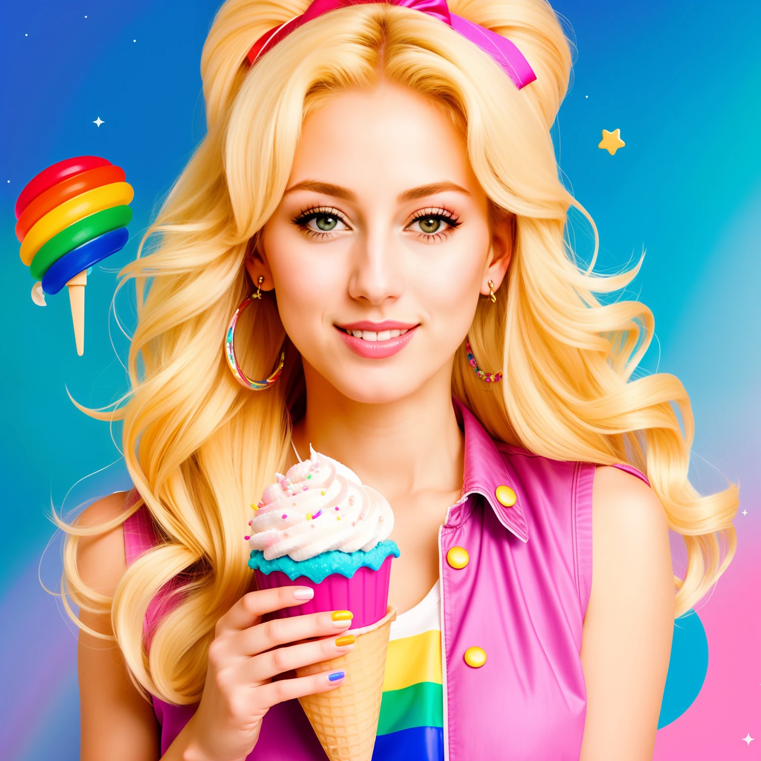 "(Mature and realistic portrayal:1.2) Sailor Moon exuding confidence as she holds an ice cream cone, her blonde hair cascading down, adorned in stylish rainbow denim clothes from the 2000s, with a backdrop filled with sprinkles."