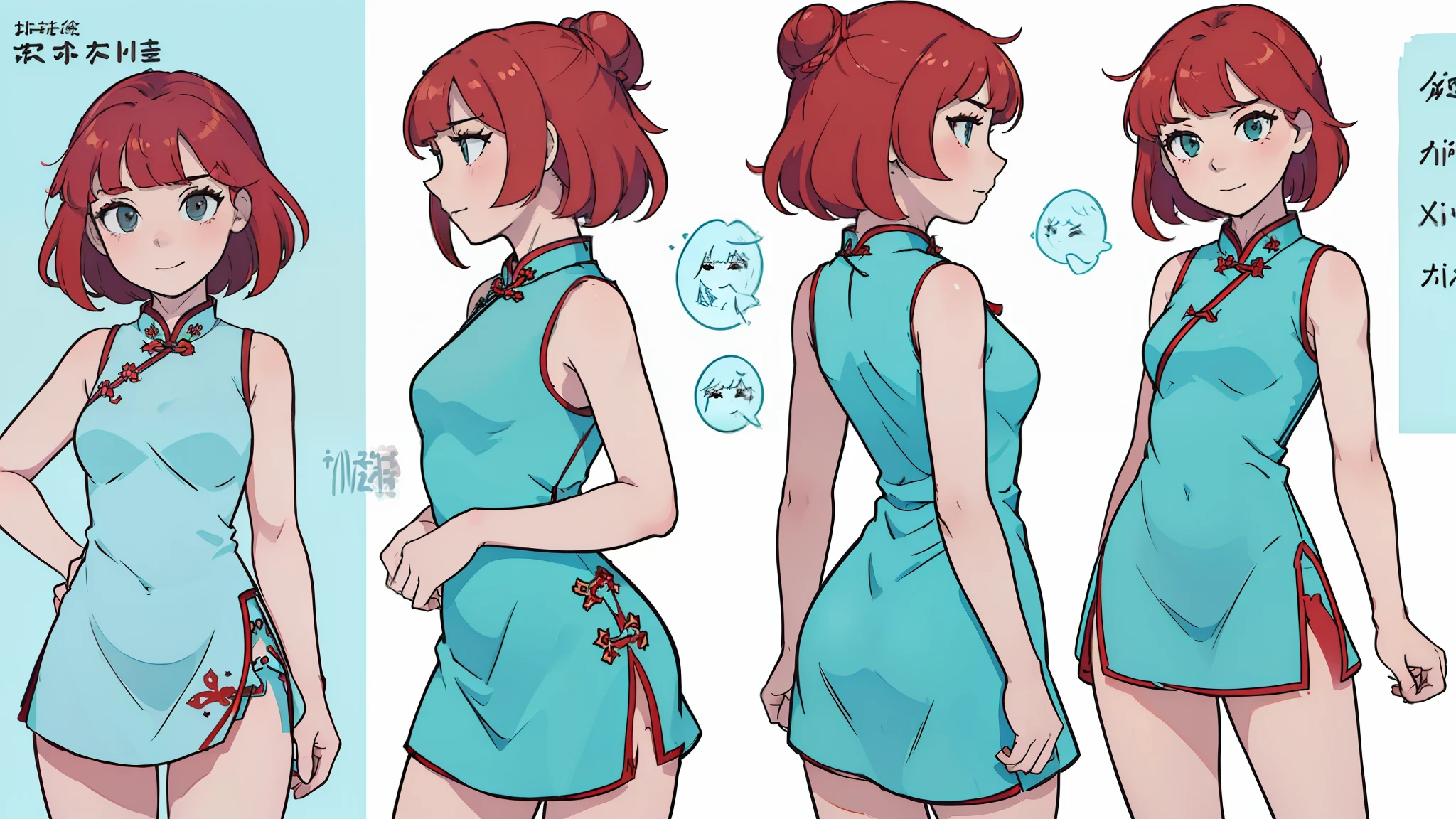 ((best quality)), ((masterpiece)), ((realistic)) 19 years old, Redhead Girl, shoulder-length hair, relaxed happy face ((slender)) (busty), ((( Cheongsam turquoise short dress ))) (((mini skirt))) ((sexy dress)) Bun Hairstyle (((detailed character sheet, front view, side view, three-quarter view))) (((white background))) 6 full body half heads