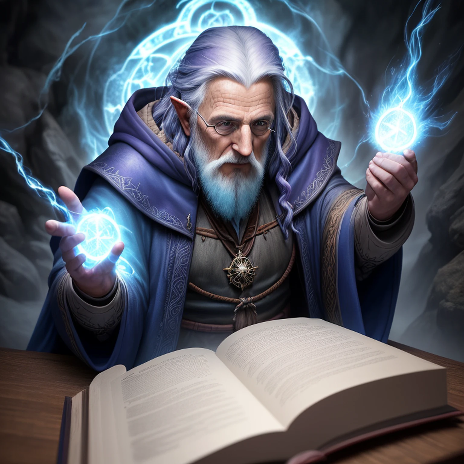 an old wizard doing spells, emphasis on its action, texturas ultra detalhadas, layers of textures faithful to reality, profesional lighting, detalhamento realista cores azul escuro e roxo