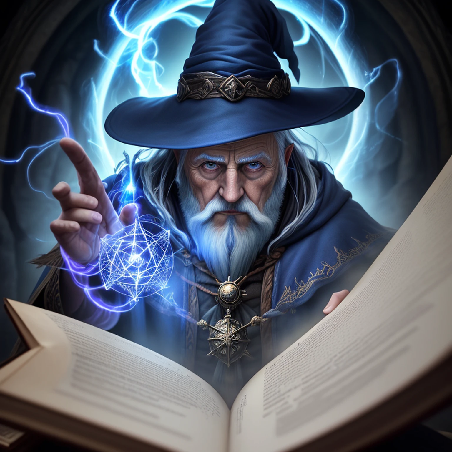 an old wizard doing spells, emphasis on its action, texturas ultra detalhadas, layers of textures faithful to reality, profesional lighting, detalhamento realista cores azul escuro e roxo