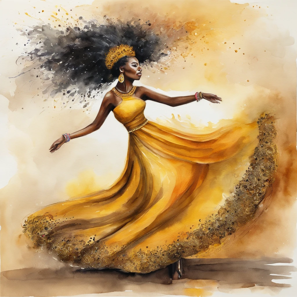 Black woman dancing with long cabelo liso e uma coroa vestindo um vestido dourado rodado com um espelho na mao