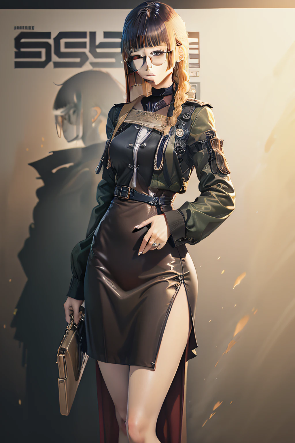 rimless eyewears，Business suit，schoolgirls，Single horsetail，brunette color hair，ruin background，Black eyes，slanted bangs，MagazineCover，Masterpiece，Expensive watches，sandstorms