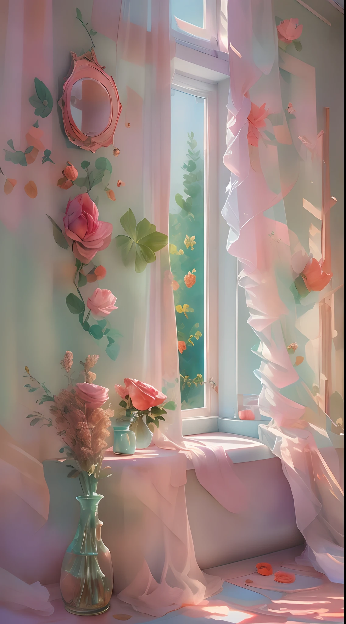 Delicate vase with aurora color and luster,Red roses,Tulle curtains,beside the window,The sun shines in,The light from the back window is backlighted,Background blank, Ultra-clear details, high high quality, 8K,tmasterpiece,𝓡𝓸𝓶𝓪𝓷𝓽𝓲𝓬,Beautiful,stunning detailed