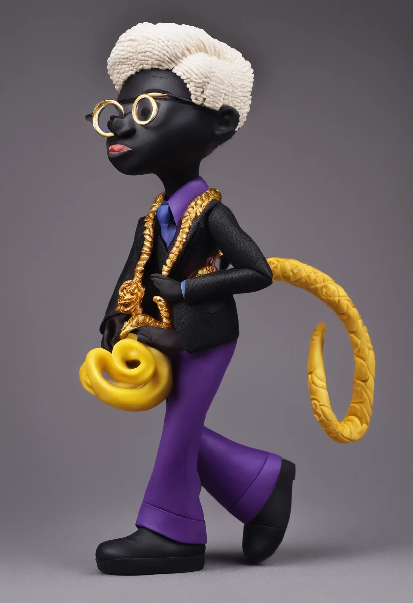 Pre-puberty with straight white hair, Dark skin, Latin ancestry, Purple iris, Wearing a black suit with gold thread,Wearing gold earrings shaped like snakes. Detailed eyes, Detailed face, Intricate garbage clothing, Cinematic lighting, Realistic concept art with strong backlight.